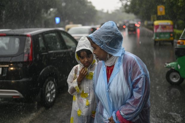 Wearing raincoats, a woman and her ward cross a road in New Delhi. (PTI)