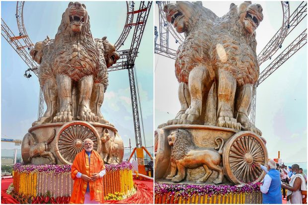 Prime Minister Narendra Modi on Monday unveiled the national emblem cast on the roof of the new Parliament building in New Delhi. The inauguration of the emblem, which is made up of bronze with a total weight of 9,500 kg and is 6.5 metre in height, marks the first major milestone ahead of the new building's scheduled opening for later this year. (PTI Photo)