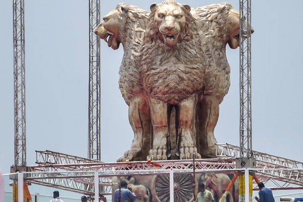 Officials said the emblem has been cast at the top of the central foyer of the new Parliament building, and a supporting structure of steel weighing around 6,500 kg has been constructed to support it. (PTI Photo)