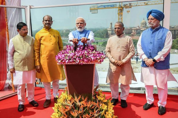 Modi was joined by Lok Sabha Speaker Om Birla, Rajya Sabha Deputy Chairman Harivansh and Urban Development Minister Hardeep Singh at the inauguration.(PTI Photo)