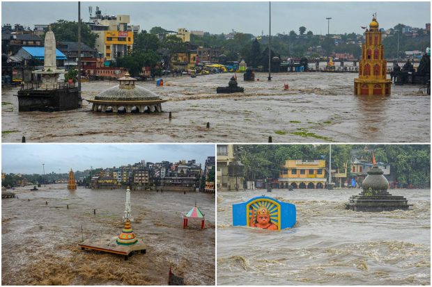 Heavy rains continued to lash Maharashtra's Nashik district, leading to water levels of several rivers rising and the submergence of many temples that are located on the bed of the Godavari river. The district is likely to witness very heavy rainfall between July 11 and 14. Ghat areas like Trimbakeshwar and Igatpuri traditionally get heavy rainfall, but this time Surgana and Peth have also witnessed considerable downpour. Let us take a look at some of the pictures: