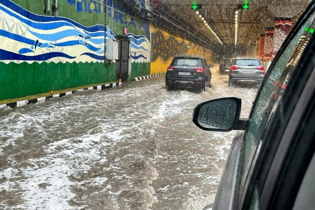 The newly inaugurated Pragati Maidan tunnel reported waterlogging during the first monsoon rains in the city on Thursday morning. (PTI Photo)