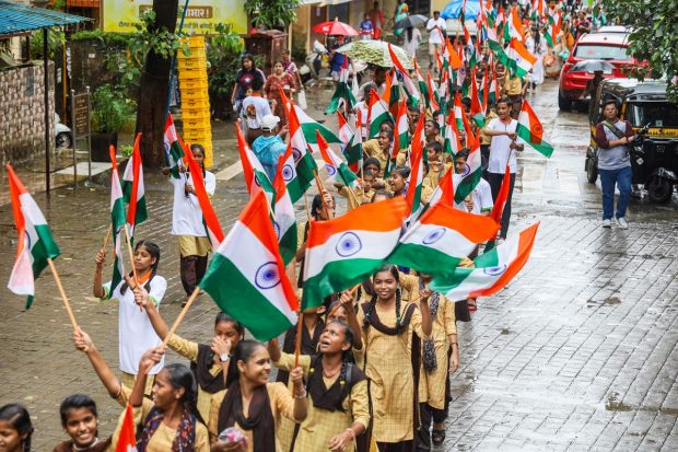 Students participate in a 'Tiranga Yatra' organised as part of 'Azadi Ka Amrit Mahotsav' celebrations to commemorate the 75th anniversary of Indian independence, in Thane. (PTI Photo)