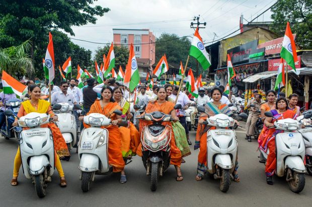 Bharatiya Janata Party (BJP) workers take part 'Tiranga Bike Rally' organised as part of 'Azadi ka Amrit Mahotsav' celebrations, in Karad. (PTI Photo)