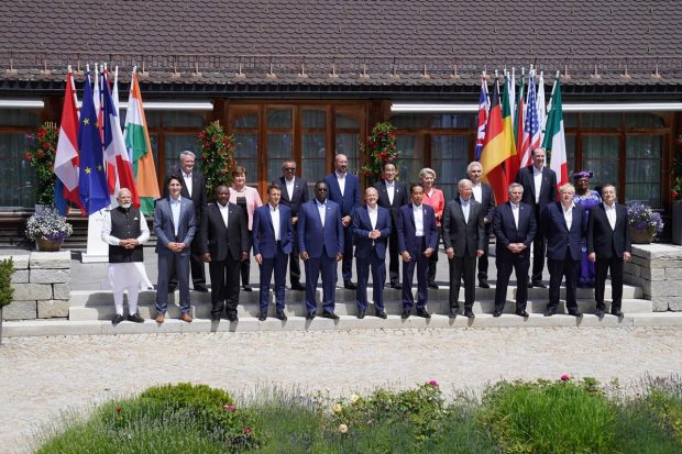 World leaders pose for a group photograph ahead of the G7 Summit at Schloss Elmau in Germany. (Reuters Photo)