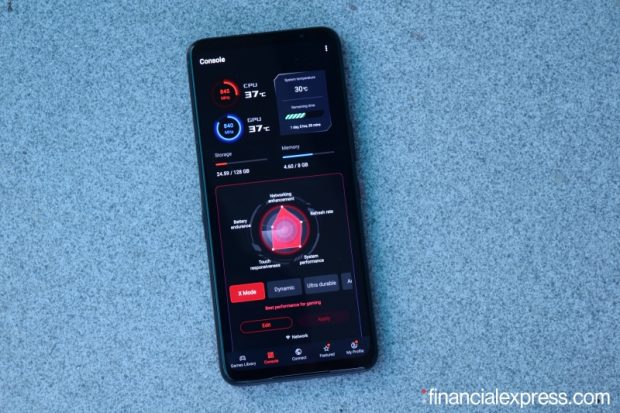 Under the hood, the ROG Phone 5s has a Qualcomm Snapdragon 888+ chip. This is paired with up to 12GB LPDDR5 RAM and up to 256GB UFS3.1 storage. There is no micro-SD card slot. (Photo credit: Saurabh Singh/Financial Express)