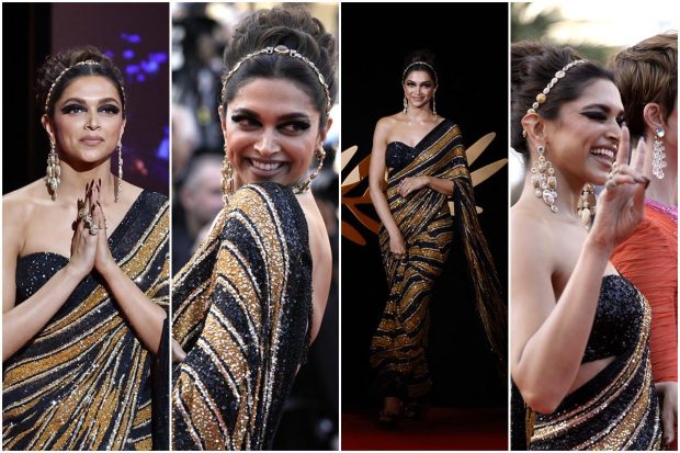 Deepika Padukone opted for a Sabyasachi sari as the Bollywood star walked the red carpet of the 2022 Cannes Film Festival. (AP Photo)