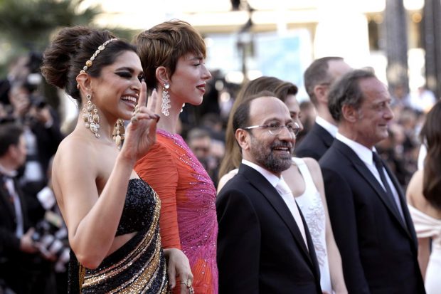 Jury members Deepika Padukone, from left, Rebecca Hall, Asghar Farhadi, Jasmine Trinca, and jury president Vincent Lindon pose for photographers upon arrival at the opening ceremony and the premiere of the film 'Final Cut' at the 75th international film festival, Cannes, southern France. (AP Photo)