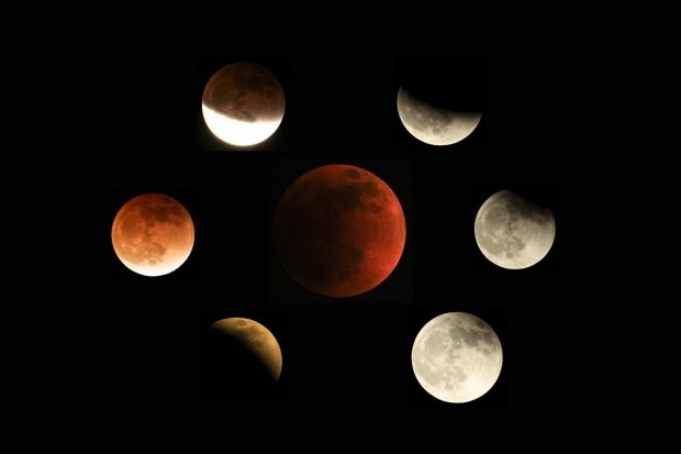 This combination of photos shows the moon in various stages of a total lunar eclipse during the first blood moon of the year in Temple City, Calif. (AP Photo)