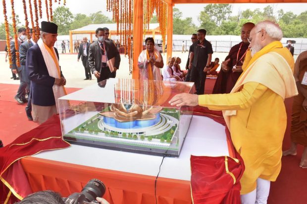 Prime Minister Narendra Modi and Nepal PM Sher Bahadur Deuba during the foundation ceremony of the India International Centre for Buddhist Culture & Heritage, in Lumbini. (PTI Photo)