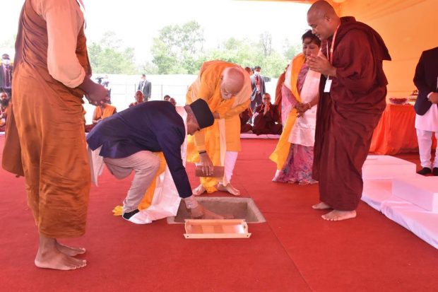 Prime Minister Narendra Modi and Nepal PM Sher Bahadur Deuba perform 'shilanyas' ceremony of the India International Centre for Buddhist Culture & Heritage. (PTI Photo)