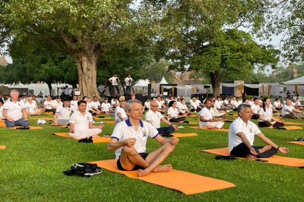 French Ambassador to India Emmanuel Lenain takes part in the diplomatic yoga session hosted by External Affairs Minister S Jaishankar. “As the world faces turbulent times, the mindfulness inculcated by yoga can help raise awareness for peace and harmony,” Lenain tweeted. (Twitter/Emmanuel Lenain)