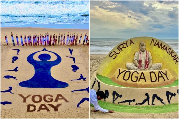 Odisha artist Sudarsan Pattnaik puts the finishing touches to his International Day of Yoga sand art on the beach in Puri. (Twitter/Sudarsan Pattnaik)