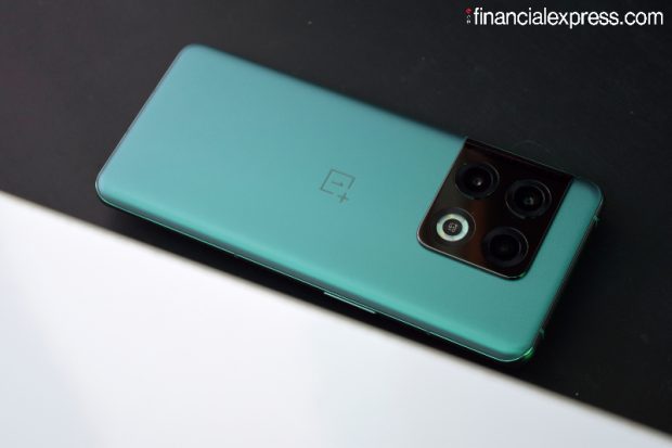 The OnePlus 10 Pro has a glass back. This is Corning Gorilla Glass 5. The phone comes in two colourways-Volcanic black and Emerald Forest. (Photo credit: Saurabh Singh/Financial Express)