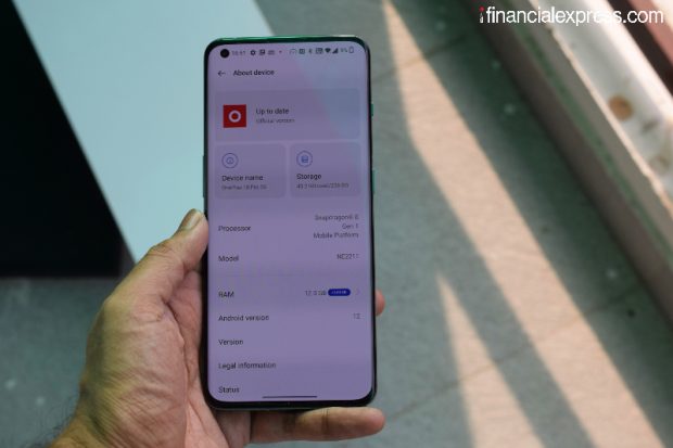 Under the hood, the OnePlus 10 Pro has Qualcomm's Snapdragon 8 Gen 1 chip. This is paired with up to 12GB LPDDR5 RAM and up to 256GB UFS3.1 storage. This is not expandable. (Photo credit: Saurabh Singh/Financial Express)