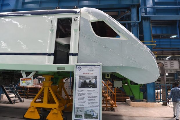 The driver cabin of the Vande Bharat Express under production, at LHB Shed in Integrated Coach Factory (ICF) Chennai. (PTI Photo)