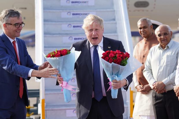 British Prime Minister Boris Johnson arrives at the Sarda Vallabhbhai Patel International airport in Ahmedabad, in Gujarat as he begins a two day visit to the country. (AP Photo)