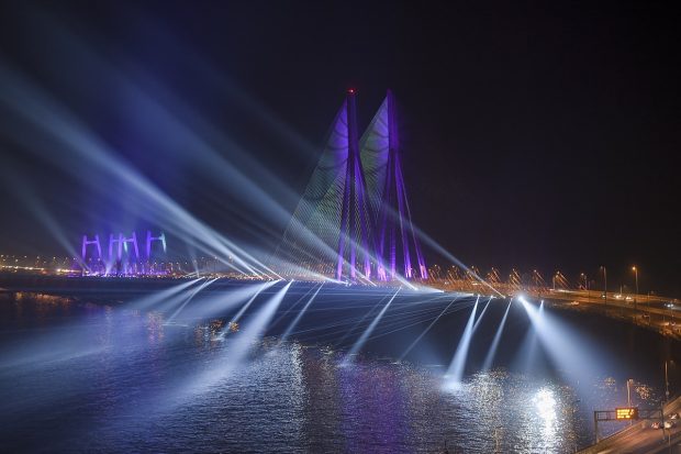 Laser show at Bandra-Worli sealink on the New Year's eve, in Mumbai. (PTI Photo)