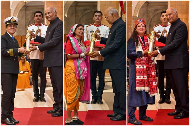 President Ram Nath Kovind honours awardees during presentation of Nari Shakti Puraskar for the years 2020 and 2021 on the occasion of International Women’s Day, at Rashtrapati Bhavan, in New Delhi. (PTI Photo)