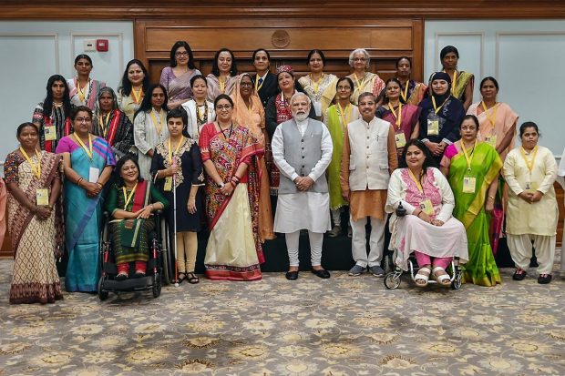 Prime Minister Narendra Modi during his interaction with recipients of the Nari Shakti Puraskar, on the eve of International Women's Day. (PTI Photo)